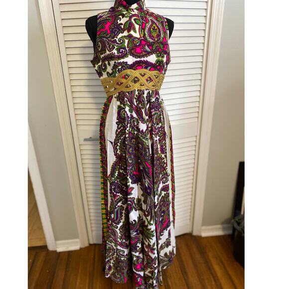 Vintage 60s Long Paisley Hostess‎ maxi Dress. Sleeveless 60s Gown. Small Mod - Picture 1 of 12